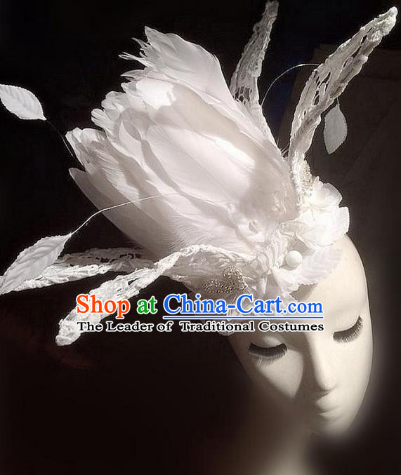 Top Grade Miami Deluxe White Feather Hair Accessories, Halloween Headdress Brazilian Carnival Occasions Handmade Feather Headwear Royal Crown for Women