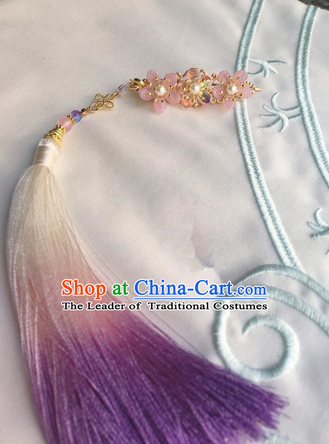 Asian Chinese Traditional Headdress Purple Tassel Hairpins, China Ancient Handmade Bride Flowers Hanfu Step Shake Hair Stick Headwear for Women