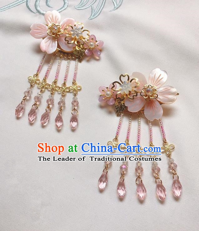Asian Chinese Traditional Headdress Shell Tassel Hairpins, China Ancient Handmade Bride Flowers Hanfu Step Shake Hair Stick Headwear for Women