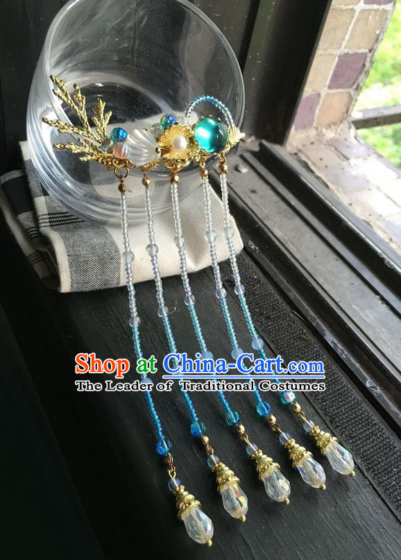 Asian Chinese Traditional Headdress Blue Beads Tassel Hair Accessories Hairpins, China Ancient Handmade Bride Hanfu Step Shake Flowers Hair Stick Headwear for Women