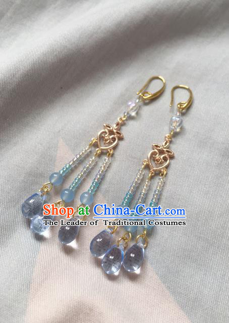 Asian Chinese Traditional Headdress Beads Tassel Earrings, China Ancient Handmade Bride Hanfu Blue Crystal Eardrop for Women
