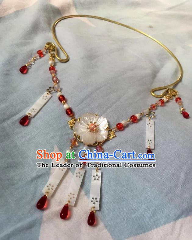Asian Chinese Traditional Headdress Pearls Tassel Necklace, China Ancient Handmade Bride Hanfu Red Crystal Collar Necklet for Women