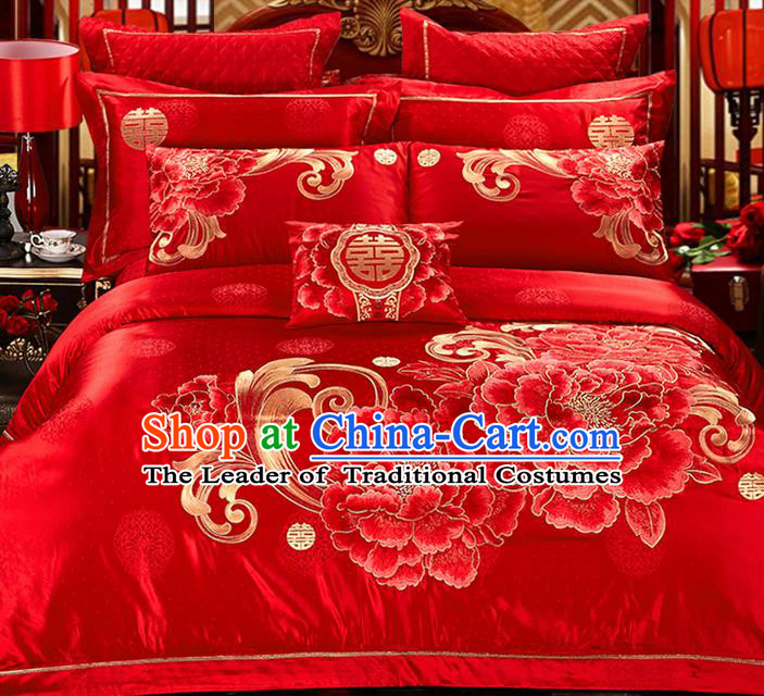 Traditional Asian Chinese Style Wedding Article Palace Lace Qulit Cover Bedding Sheet Complete Set, Embroidered Peony Flowers Satin Drill Ten-piece Duvet Cover Textile Bedding Suit