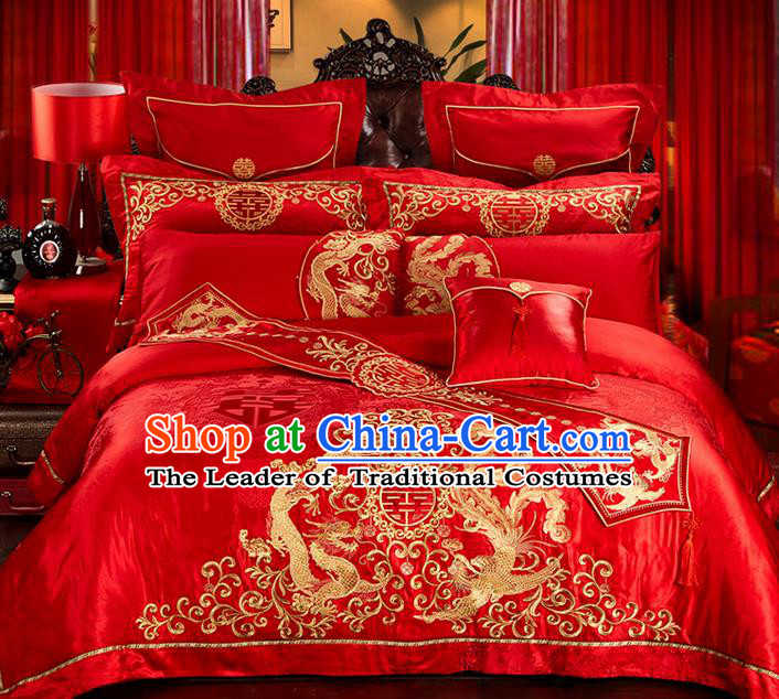 Traditional Asian Chinese Style Wedding Article Palace Lace Qulit Cover Bedding Sheet Complete Set, Embroidered Peony Satin Drill Eleven-piece Duvet Cover Textile Bedding Suit