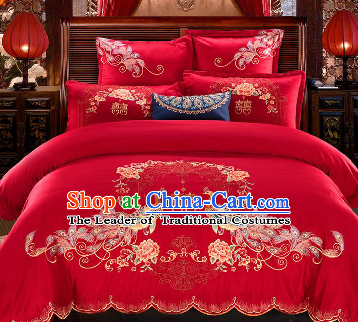 Traditional Asian Chinese Wedding Palace Qulit Cover Bedding Sheet Seven-piece Suit, Embroidered Phoenix Peony Cotton Duvet Cover Textile Bedding Complete Set