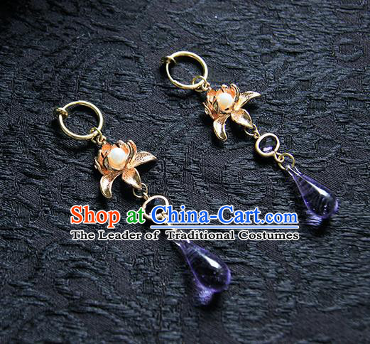 Top Grade Handmade Traditional China Accessories Earrings, Ancient Chinese Hanfu Purple Crystal Eardrop for Women
