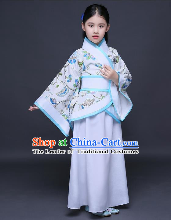 Traditional Ancient Chinese Imperial Princess Embroidery Costume, Children Elegant Hanfu Clothing Chinese Han Dynasty Blue Curve Bottom Dress Clothing for Kids