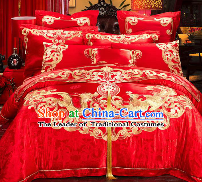 Traditional Asian Chinese Style Wedding Article Embroidery Dragon and Phoenix Bedding Sheet Complete Set, Duvet Cover Red Satin Drill Textile Bedding Ten-piece Suit