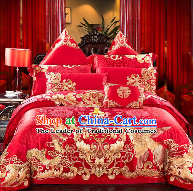 Traditional Asian Chinese Style Wedding Article Embroidery Dragon and Phoenix Bedding Sheet Complete Set, Peony Duvet Cover Red Satin Drill Textile Bedding Ten-piece Suit