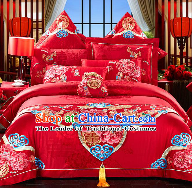 Traditional Asian Chinese Style Wedding Article Bedding Hundred Sons Sheet Complete Set, Embroidery Peony Red Eleven-piece Duvet Cover Satin Drill Textile Bedding Suit