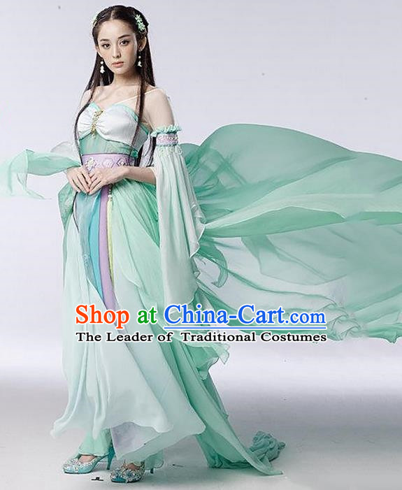 Traditional Asian Chinese Ancient Apsara Peri Costume, China Elegant Hanfu Clothing Tang Dynasty Palace Princess Fairy Green Dance Dress Clothing for Women