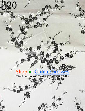 Asian Chinese Traditional Embroidery Black Plum Blossom White Silk Fabric, Top Grade Brocade Embroidered Tang Suit Hanfu Dress Fabric Cheongsam Cloth Material