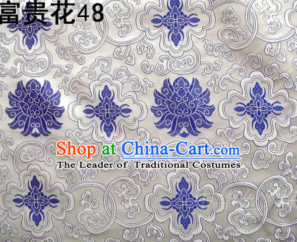 Asian Chinese Traditional Blue Riches and Honour Flowers White Embroidered Silk Fabric, Top Grade Arhat Bed Brocade Satin Tang Suit Hanfu Dress Fabric Cheongsam Cloth Material
