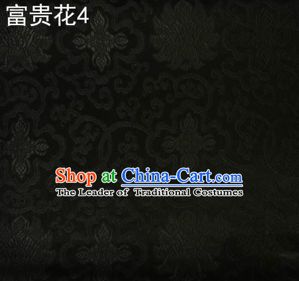 Asian Chinese Traditional Riches and Honour Flowers Embroidered Black Silk Fabric, Top Grade Arhat Bed Brocade Satin Tang Suit Hanfu Dress Fabric Cheongsam Cloth Material