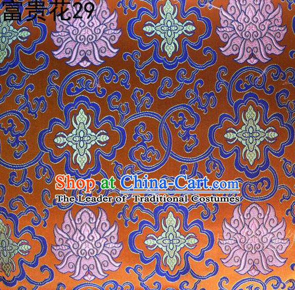 Asian Chinese Traditional Riches and Honour Flowers Embroidered Orange Silk Fabric, Top Grade Arhat Bed Brocade Satin Tang Suit Hanfu Dress Fabric Cheongsam Cloth Material