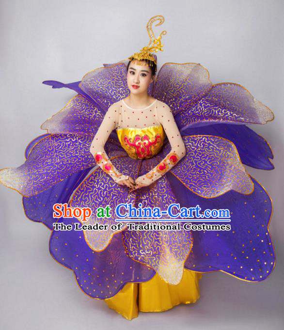 Chinese Classic Stage Performance Dance Costumes, Opening Dance Folk Dance Classic Big Swing Purple Dress for Women