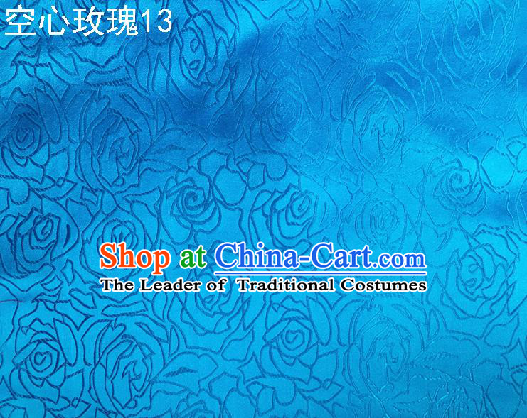 Asian Chinese Traditional Jacquard Weave Rose Flowers Blue Satin Silk Fabric, Top Grade Brocade Tang Suit Hanfu Coat Dress Fabric Cheongsam Cloth Material