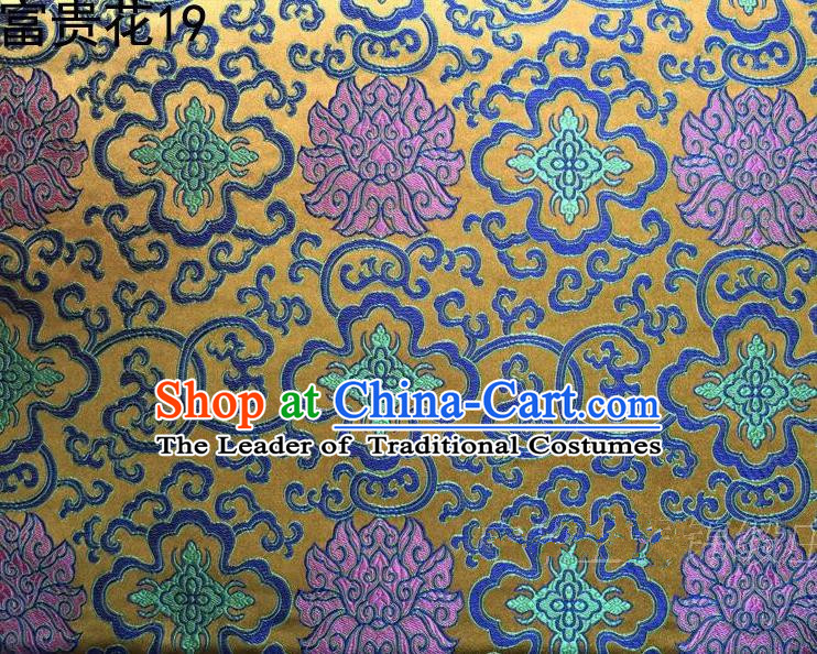 Asian Chinese Traditional Purple Riches and Honour Flowers Embroidered Golden Silk Fabric, Top Grade Arhat Bed Brocade Satin Tang Suit Hanfu Dress Fabric Cheongsam Cloth Material