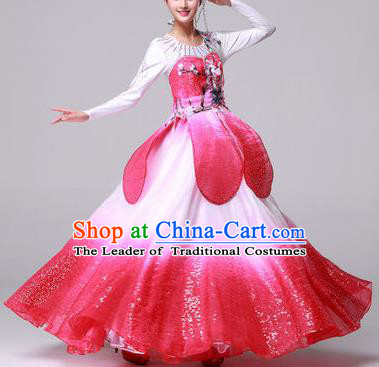 Chinese Classic Stage Performance Dance Costumes, Opening Dance Competition Pink Dress, Folk Lotus Dance Classic Big Swing Clothing for Women