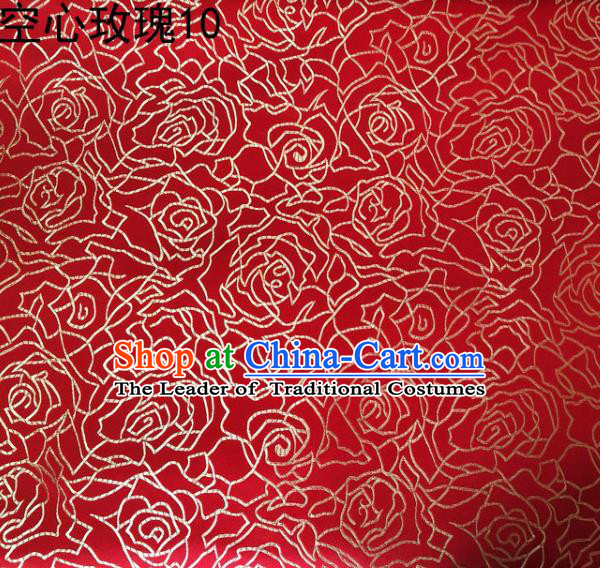 Asian Chinese Traditional Jacquard Weave Embroidered Golden Rose Flowers Red Satin Silk Fabric, Top Grade Brocade Tang Suit Hanfu Coat Dress Fabric Cheongsam Cloth Material