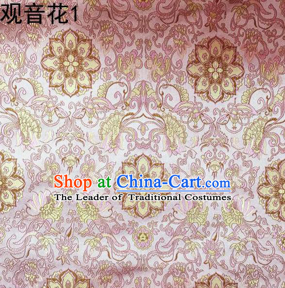 Asian Chinese Traditional Embroidering Avalokitesvara Flowers Thangka Satin Pink Silk Fabric, Top Grade Brocade Tang Suit Hanfu Full Dress Fabric Cheongsam Cloth Material