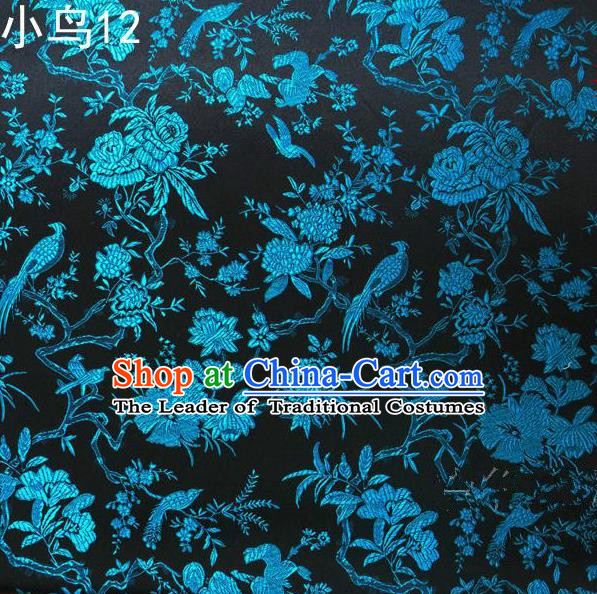 Asian Chinese Traditional Embroidery Magpie Peony Satin Navy Silk Fabric, Top Grade Brocade Tang Suit Hanfu Full Dress Fabric Cheongsam Cloth Material