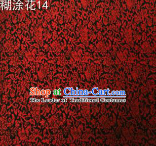 Asian Chinese Traditional Embroidering Red Flower Black Xiuhe Suit Satin Thangka Silk Fabric, Top Grade Brocade Tang Suit Hanfu Dress Fabric Cheongsam Cloth Material