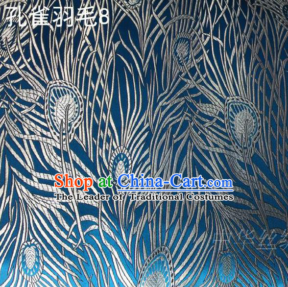 Asian Chinese Traditional Embroidery Peacock Feathers Blue Satin Wedding Silk Fabric, Top Grade Brocade Tang Suit Hanfu Dress Fabric Cheongsam Cloth Material