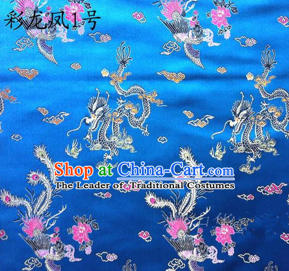 Asian Chinese Traditional Embroidery Colorful Dragon and Phoenix Bringing Prosperity Royalblue Satin Silk Fabric, Top Grade Tibetan Brocade Tang Suit Hanfu Fabric Cheongsam Cloth Material