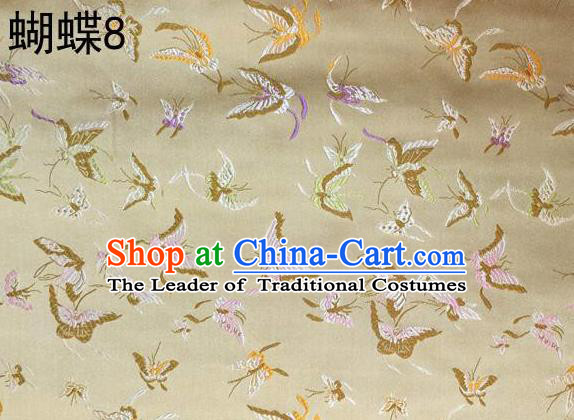 Asian Chinese Traditional Embroidery Colorful Butterflies Golden Satin Silk Fabric, Top Grade Brocade Tang Suit Hanfu Fabric Cheongsam Cloth Material
