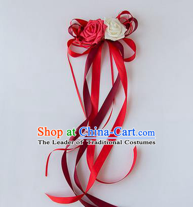 Top Grade Wedding Accessories Decoration, China Style Wedding Limousine Satin Bowknot Red Flowers Bride Long Ribbon Garlands
