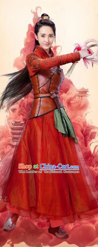 Traditional Ancient Chinese Swordswoman Costume and Headpiece Complete Set, Chinese Ming Dynasty chivalrous Woman Red Dress Clothing