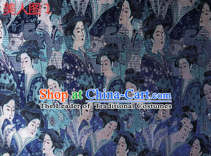 Asian Chinese Traditional Handmade Printing Portrait of a Lady Silk Fabric, Top Grade Nanjing Brocade Tang Suit Hanfu Blue Fabric Cheongsam Cloth Material