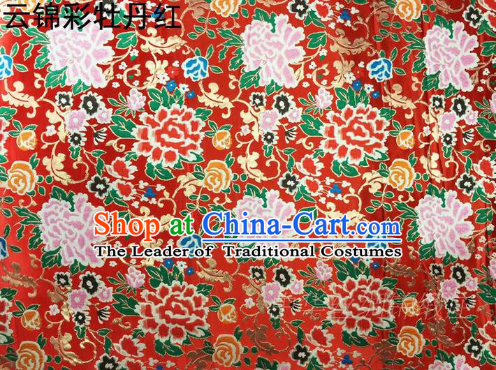 Asian Chinese Traditional Handmade Embroidery Peony Satin Silk Fabric, Top Grade Nanjing Brocade Tang Suit Hanfu Red Fabric Cheongsam Cloth Material