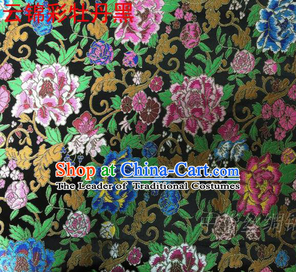Asian Chinese Traditional Handmade Embroidery Peony Satin Silk Fabric, Top Grade Nanjing Brocade Tang Suit Hanfu Black Fabric Cheongsam Cloth Material