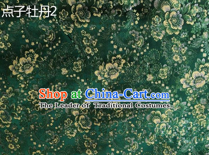Asian Chinese Traditional Handmade Embroidery Peony Flowers Satin Silk Fabric, Top Grade Nanjing Brocade Tang Suit Hanfu Green Fabric Cheongsam Cloth Material