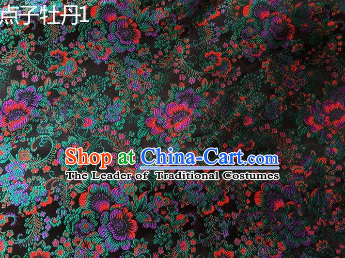 Asian Chinese Traditional Handmade Embroidery Peony Flowers Satin Silk Fabric, Top Grade Nanjing Brocade Tang Suit Hanfu Navy Fabric Cheongsam Cloth Material