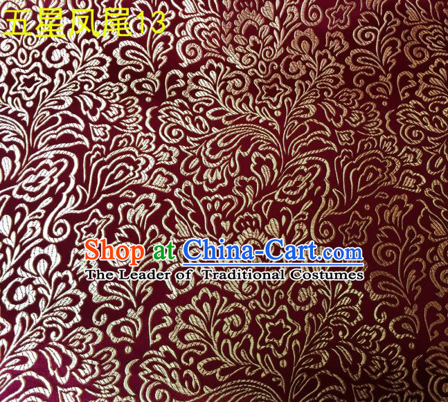 Asian Chinese Traditional Handmade Embroidery Golden Five-star Ombre Flowers Satin Silk Fabric, Top Grade Nanjing Brocade Tang Suit Hanfu Fabric Cheongsam Wine Red Cloth Material