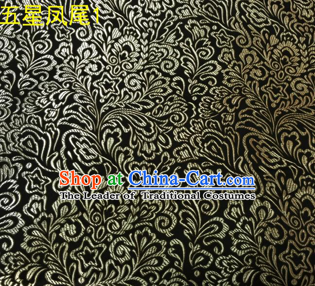 Asian Chinese Traditional Handmade Embroidery Golden Five-star Ombre Flowers Satin Black Silk Fabric, Top Grade Nanjing Brocade Tang Suit Hanfu Fabric Cheongsam Cloth Material