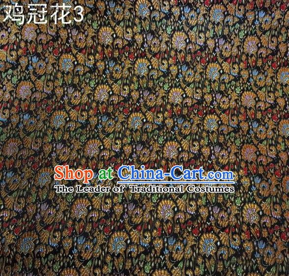Asian Chinese Traditional Handmade Embroidery Cockscomb Flowers Satin Thangka Black Silk Fabric, Top Grade Nanjing Brocade Tang Suit Hanfu Fabric Cheongsam Cloth Material