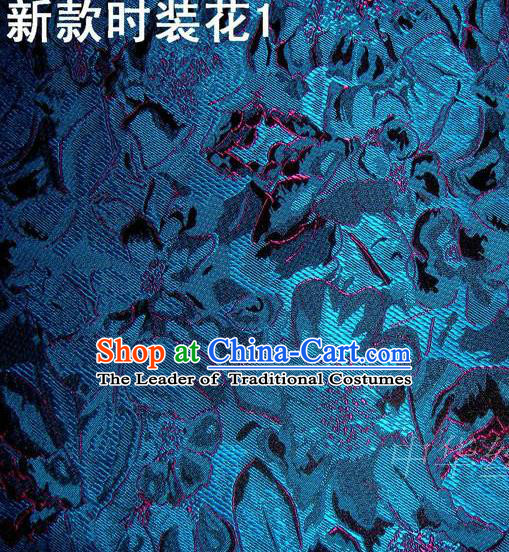 Traditional Asian Chinese Handmade Printing Flowers Satin Blue Silk Fabric, Top Grade Nanjing Brocade Tang Suit Hanfu Clothing Fabric Cheongsam Cloth Material