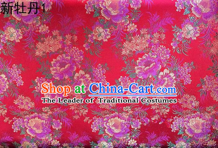 Traditional Asian Chinese Handmade Embroidery Peony Flowers Satin Red Silk Fabric, Top Grade Nanjing Brocade Ancient Costume Tang Suit Hanfu Clothing Fabric Cheongsam Cloth Material
