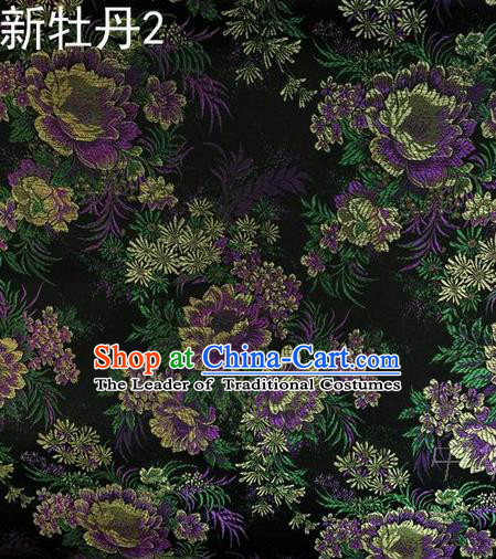 Traditional Asian Chinese Handmade Embroidery Peony Flowers Satin Black Silk Fabric, Top Grade Nanjing Brocade Ancient Costume Tang Suit Hanfu Clothing Fabric Cheongsam Cloth Material