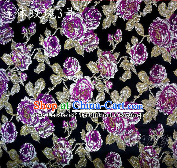Traditional Asian Chinese Handmade Printing Roses Flowers Satin Black Silk Fabric, Top Grade Nanjing Brocade Tang Suit Hanfu Clothing Fabric Cheongsam Cloth Material