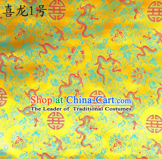 Traditional Asian Chinese Handmade Embroidery Happiness Dragon Satin Golden Silk Fabric, Top Grade Nanjing Brocade Tang Suit Hanfu Tibetan Clothing Fabric Cheongsam Cloth Material