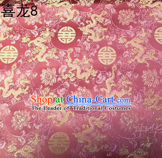 Traditional Asian Chinese Handmade Embroidery Happiness Dragon Satin Pink Silk Fabric, Top Grade Nanjing Brocade Tang Suit Hanfu Tibetan Clothing Fabric Cheongsam Cloth Material