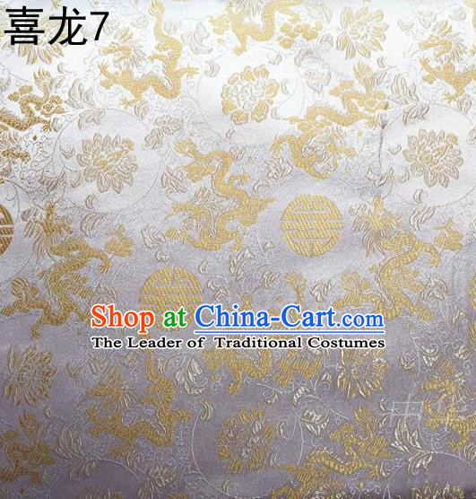 Traditional Asian Chinese Handmade Embroidery Happiness Dragon Satin Sliver Silk Fabric, Top Grade Nanjing Brocade Tang Suit Hanfu Tibetan Clothing Fabric Cheongsam Cloth Material