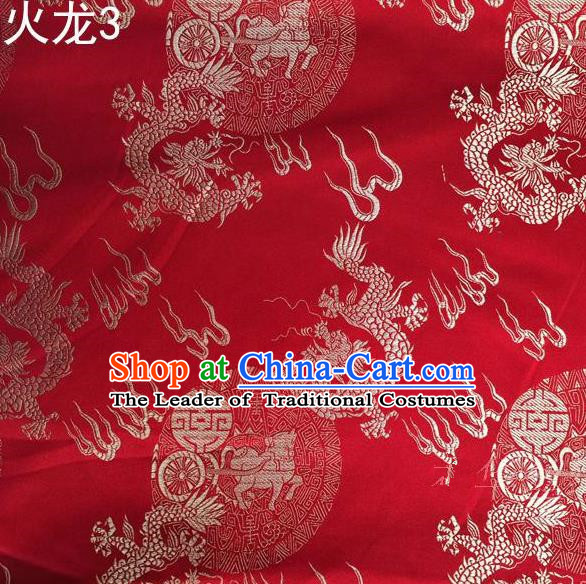 Traditional Asian Chinese Handmade Embroidery Fire Dragons Satin Tang Suit Red Silk Fabric, Top Grade Nanjing Brocade Ancient Costume Hanfu Clothing Fabric Cheongsam Cloth Material