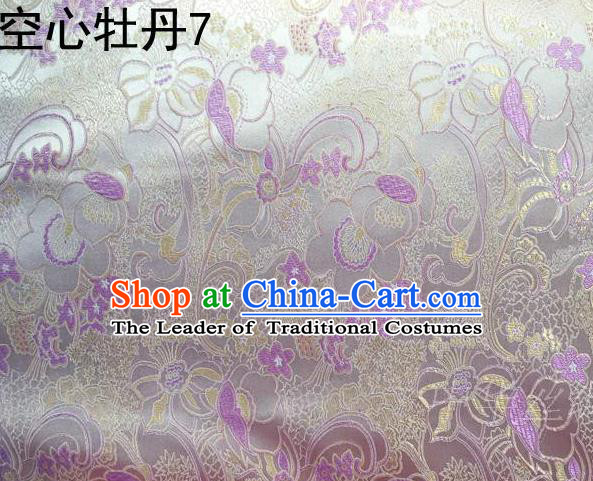 Traditional Asian Chinese Handmade Embroidery Peony Flowers Satin Tang Suit White Silk Fabric, Top Grade Nanjing Brocade Ancient Costume Hanfu Clothing Fabric Cheongsam Cloth Material