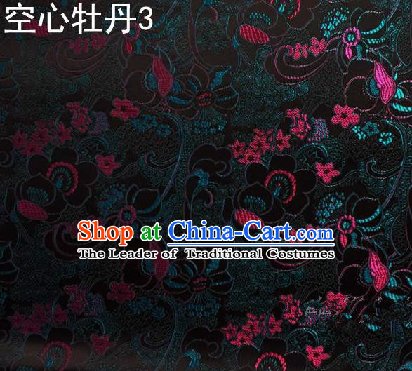 Traditional Asian Chinese Handmade Embroidery Peony Flowers Satin Tang Suit Black Silk Fabric, Top Grade Nanjing Brocade Ancient Costume Hanfu Clothing Fabric Cheongsam Cloth Material